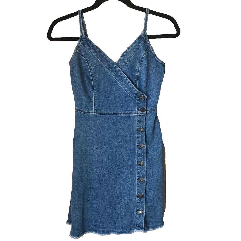 Guess Button Front Faux Wrap Denim Spaghetti Strap Mini Dress Americana Size XS
